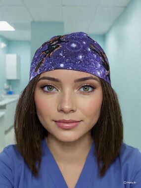 Handmade Purple Witch Print Scrub Cap/ Nurse Hat
